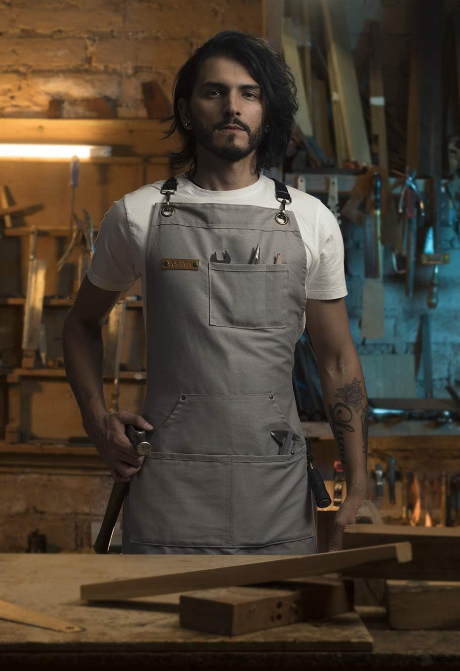 Chef. BBQ and Work Apron with Bottle Opener and Hand Towel -Durable 10Oz Cotton Canvas.Brass Hardware. and Cross Back Straps-Perfect for Men and Women.Grilling. Cooking or in the Workshop(Grey) - Image 6