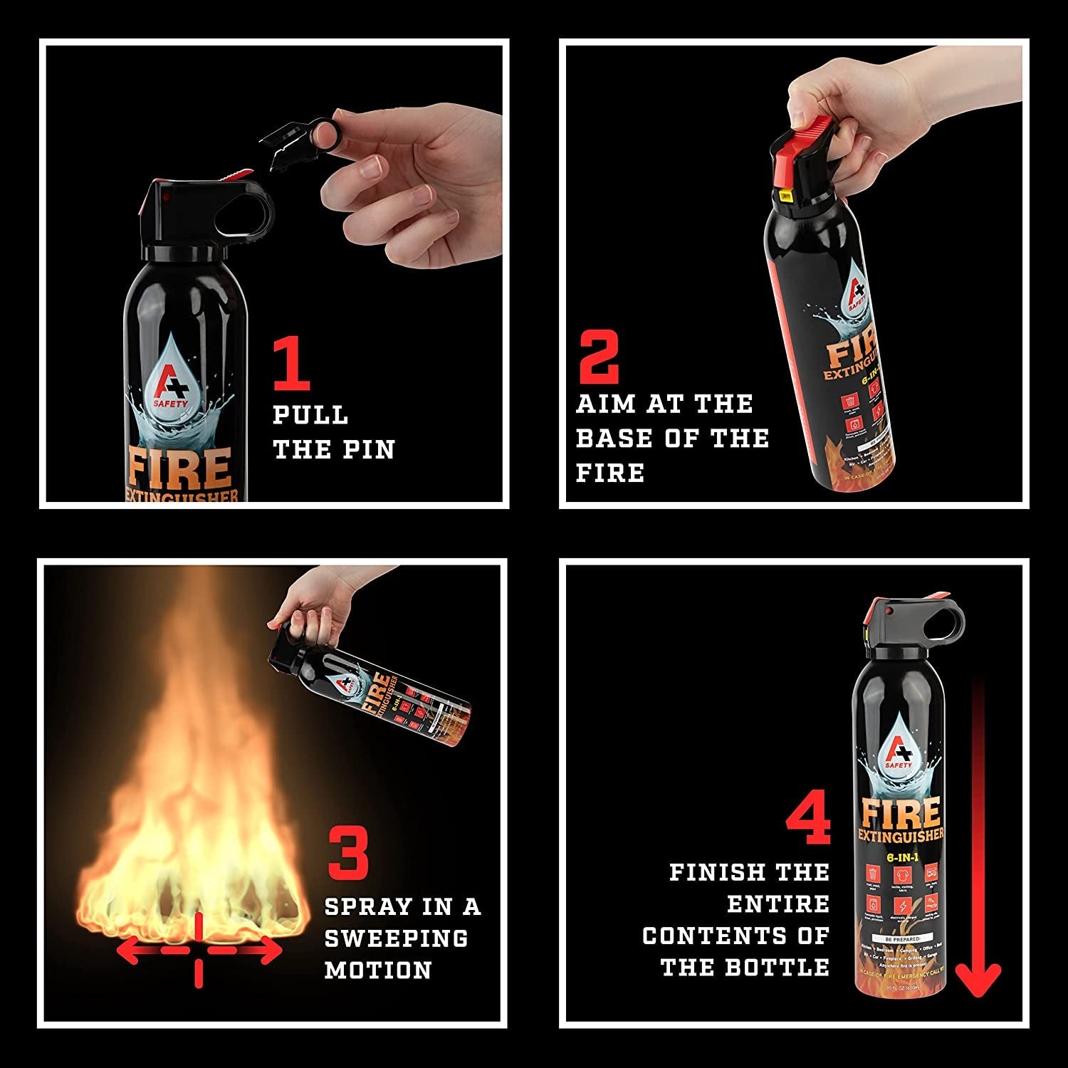 A+ Safety Portable Fire Extinguisher | 6-In-1 Small Fire Extinguisher for Home. Garage. Kitchen. Car | for Electric. Textile and Grease Fires | Non-Toxic. Easy Clean | Wall Mount Incl (4PK) - Image 6