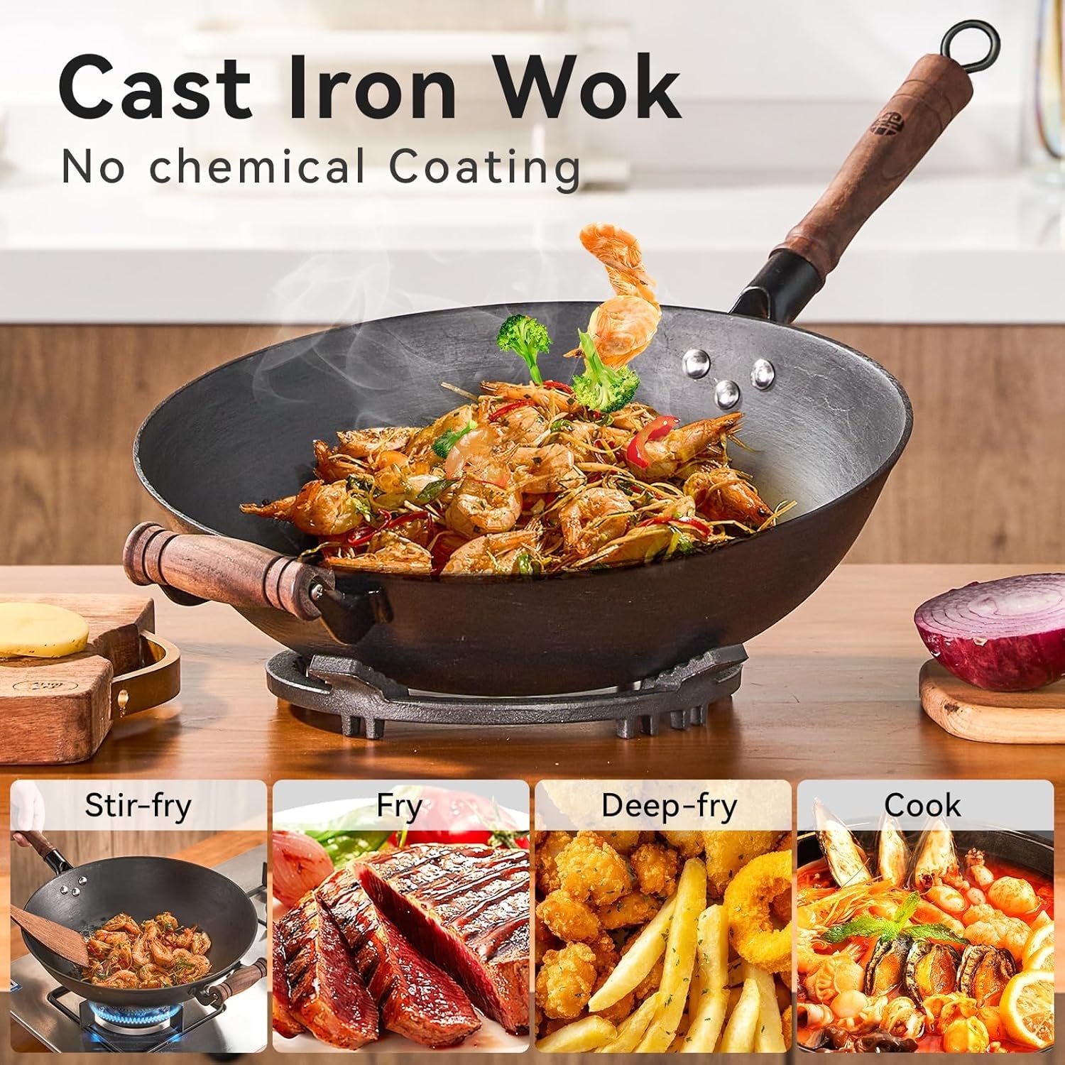 WANGYUANJI Cast Iron Wok Pan 14.2 Large Wok Stir Fry Pan Flat Bottom Wok with Lid and Wood Handle. Suitable for All Cooktops. Uncoated Craft Pot Healthy Cooking Pot - Image 2