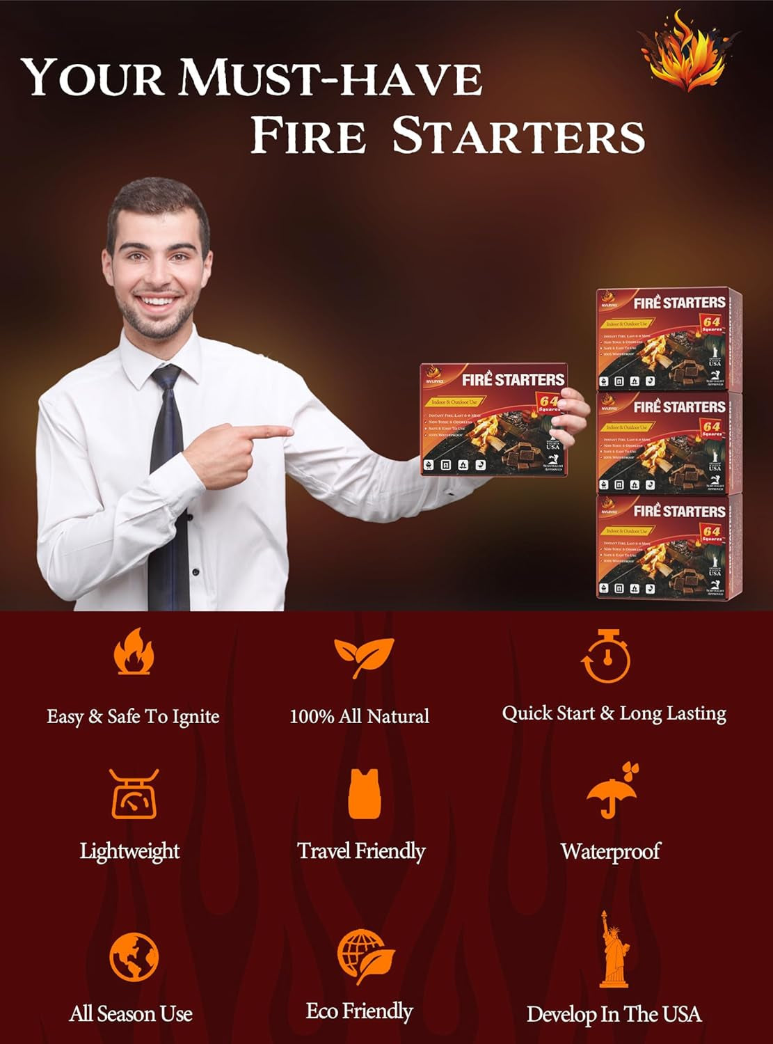 Nvkrvks Fire Starter Squares 192. Natural & Odourless Firestarters Cubes for Campfire. Fireplace. Chimney and Barbecue. Water Resistant. Easy to Ignite. Safe Camping Accessories - Image 6