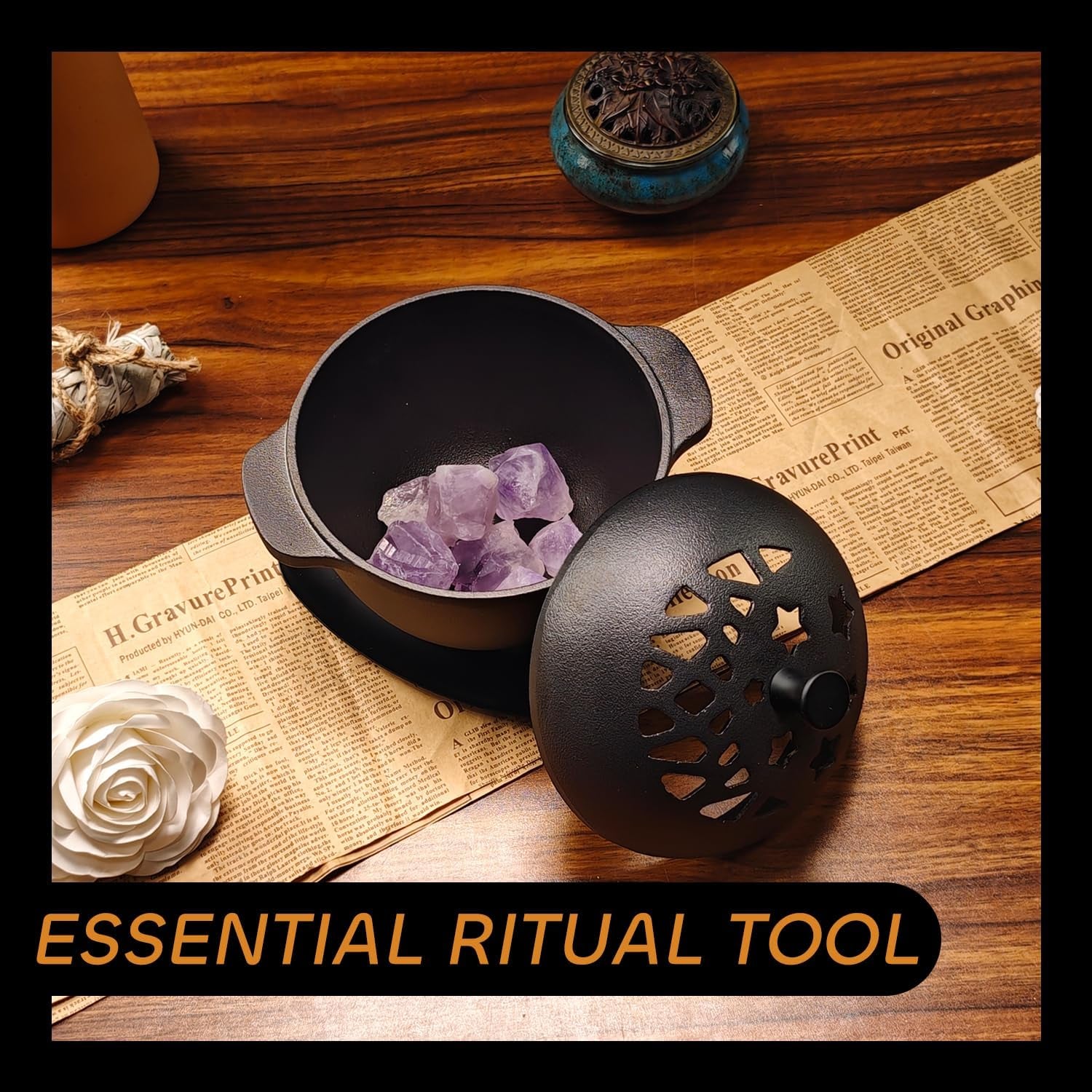 Cast Iron Incense Burner - Cast Iron Incense Holder Mini Cauldron for Sage. Palo Santo. Resin. Charcoal & Japanese Incense | Home. Rituals & Meditation Censer Bowl - Image 4