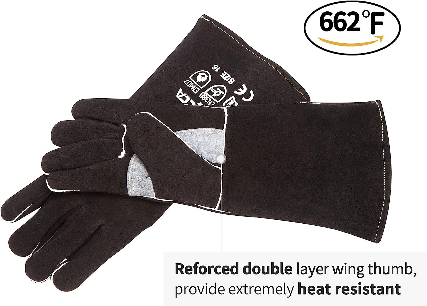 Welding Gloves 14 Inches.662℉.Heat Resistant Leather Forge/Mig/Stick Welding Gloves Heat/Fire Resistant. Mitts for Oven/Grill/Fireplace/Furnace/Stove/Pot Holder/Bbq/Animal Handling-Black - Image 3