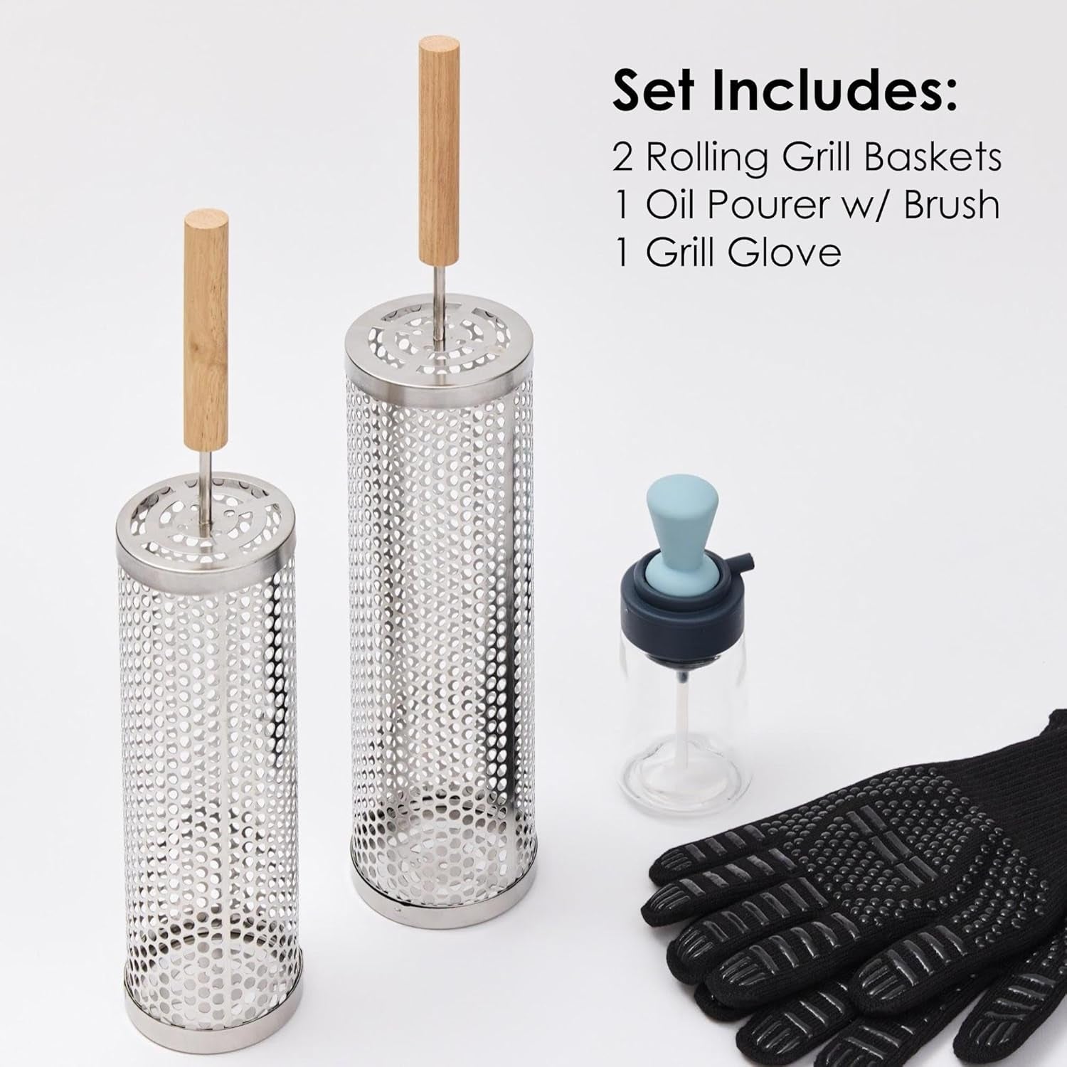 2Pcs Large Nesting Rolling Grill Baskets for Outdoor Grill. USA Based. Commercial Grade. 304 Stainless Steel BBQ round Grilling Baskets with Wood Handles Set with Oil Pourer/Brush and Grill Glove - Image 4