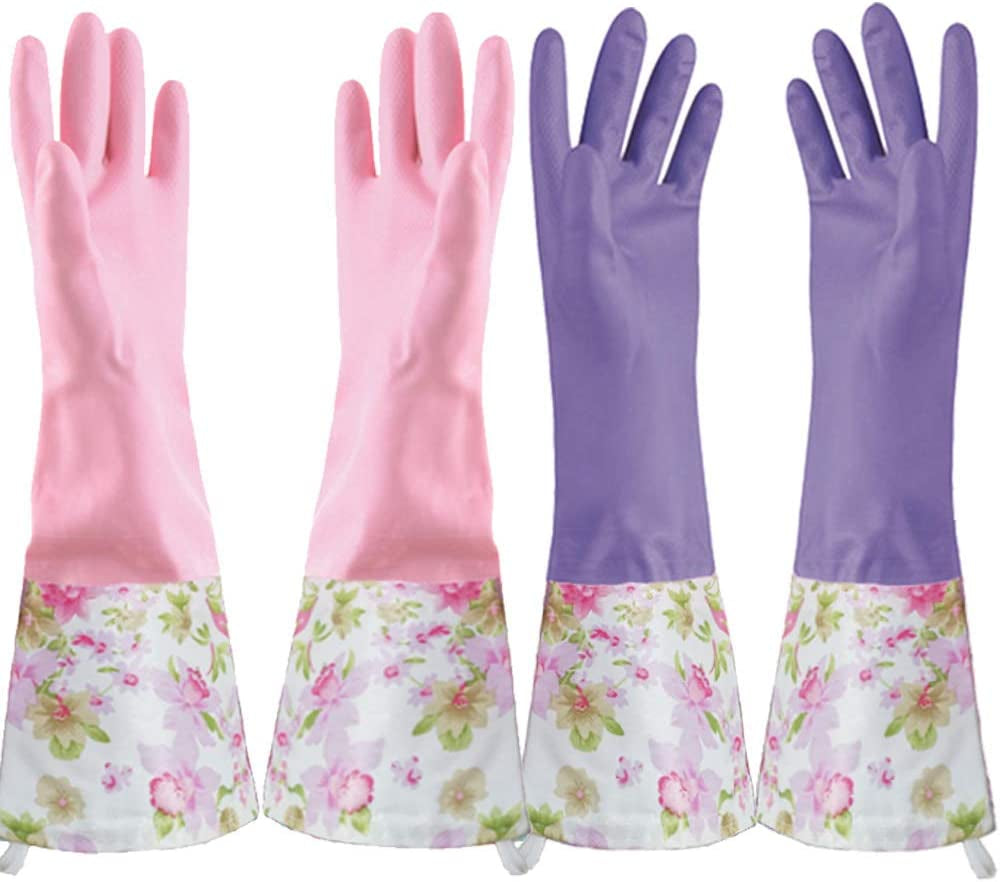 Dishwashing Cleaning Gloves. 2 Pair Reusable Household Cleaning Gloves Long Cuff and Flock Lining