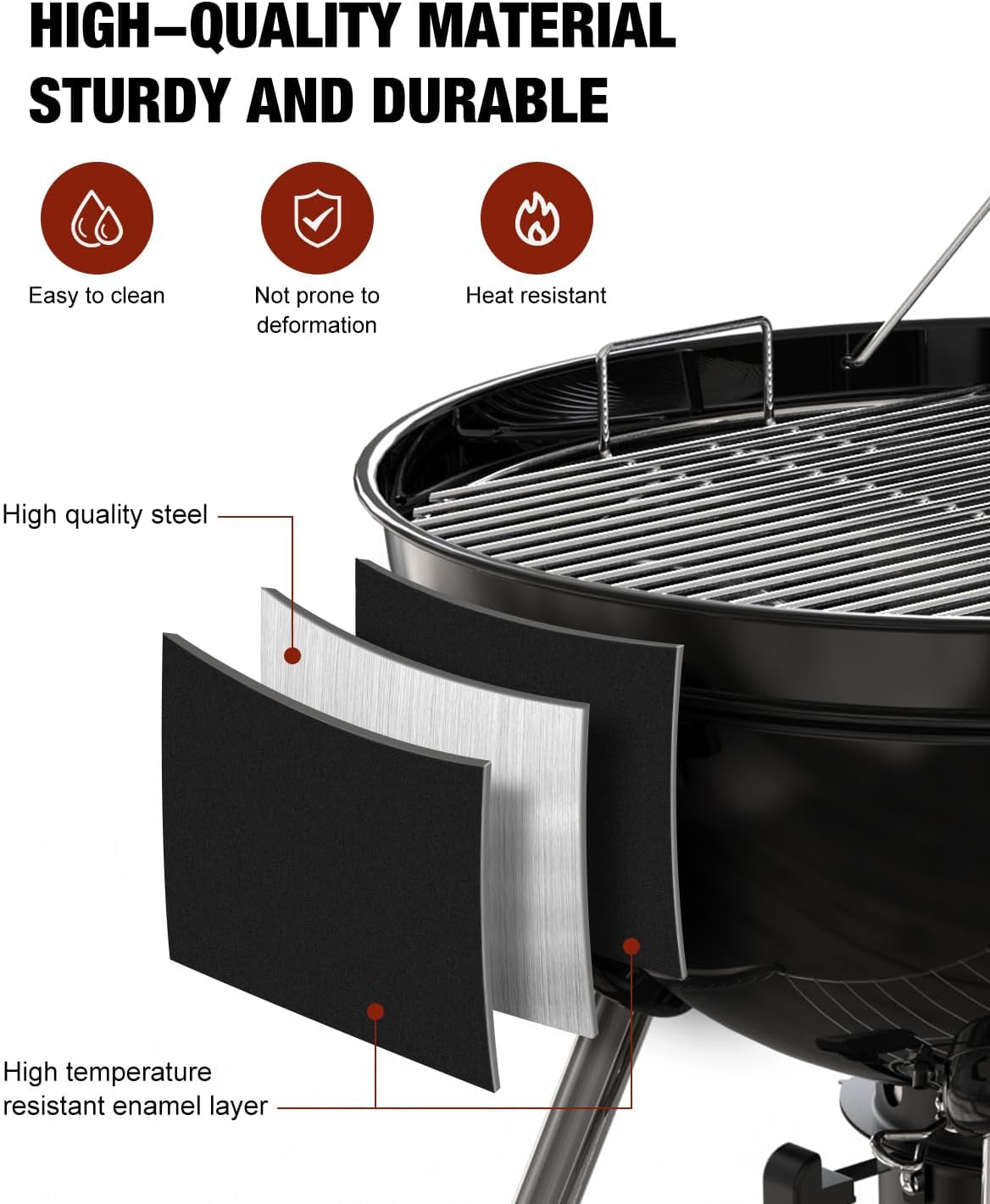 22 Inch Premium BBQ Charcoal Grill. Outdoor Barbecue Kettle Grill. Smoker Grills over 500 Square Inches 2-Tier Cooking Space. Perfect for Outdoor BBQ Party and Patio. Black - Image 4