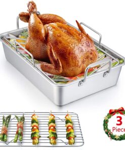Stainless Steel Roasting Pan. E-Far 14 X 10.6 Inch Heavy Duty Turkey Roaster with V Rack & Baking Rack Set. Small Metal Deep Broiling Pan for Oven Cooking Lasagna Meat Chicken - Dishwasher Safe