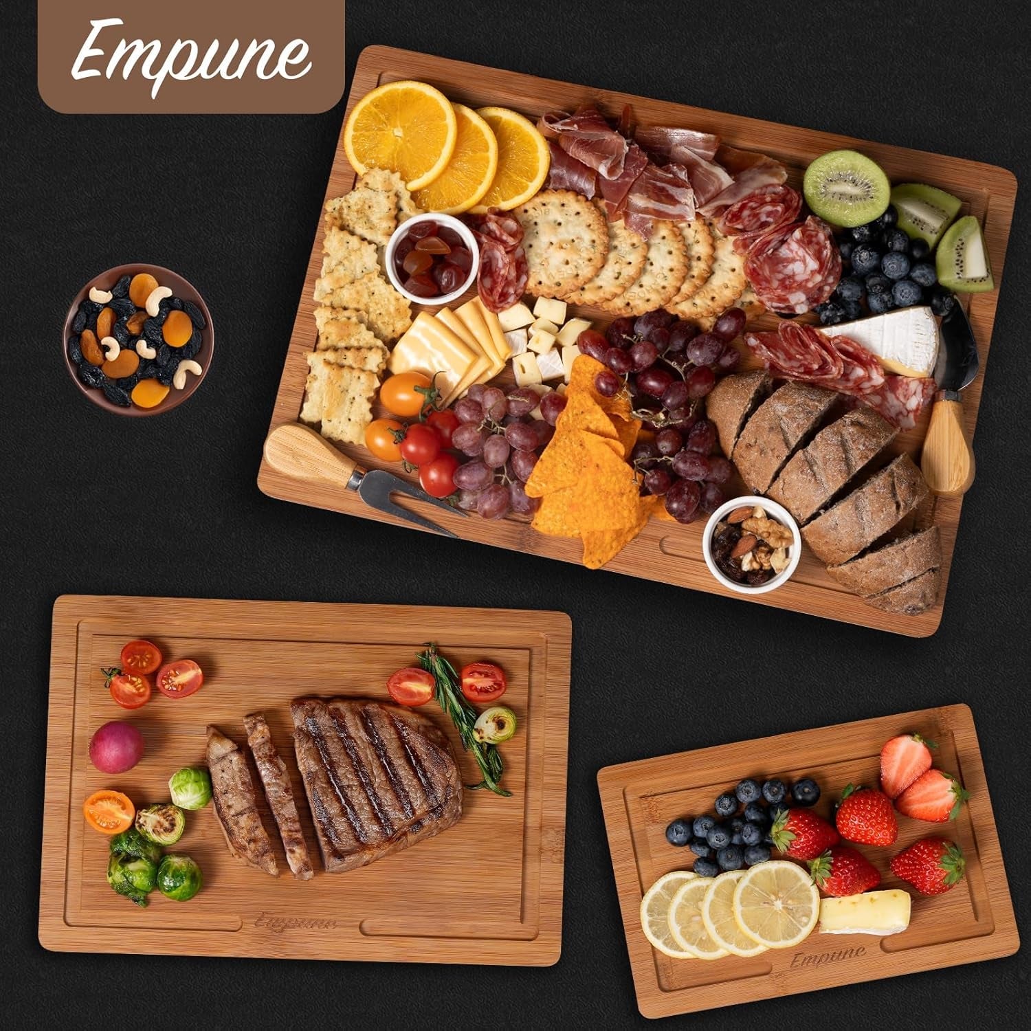 Empune Bamboo Cutting Board Set. Wood Cutting Boards for Kitchen with Holder Wooden Chopping Board for Meal Prep & Serving - Image 7