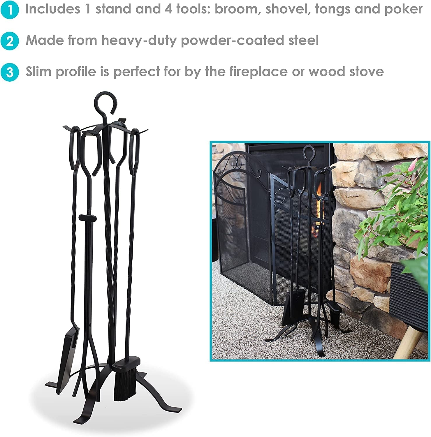 Sunnydaze 4-Piece Fireplace Tool Set with Stand - Heavy-Duty Black Steel Poker. Shovel. Log Grabber and Broom - Image 4