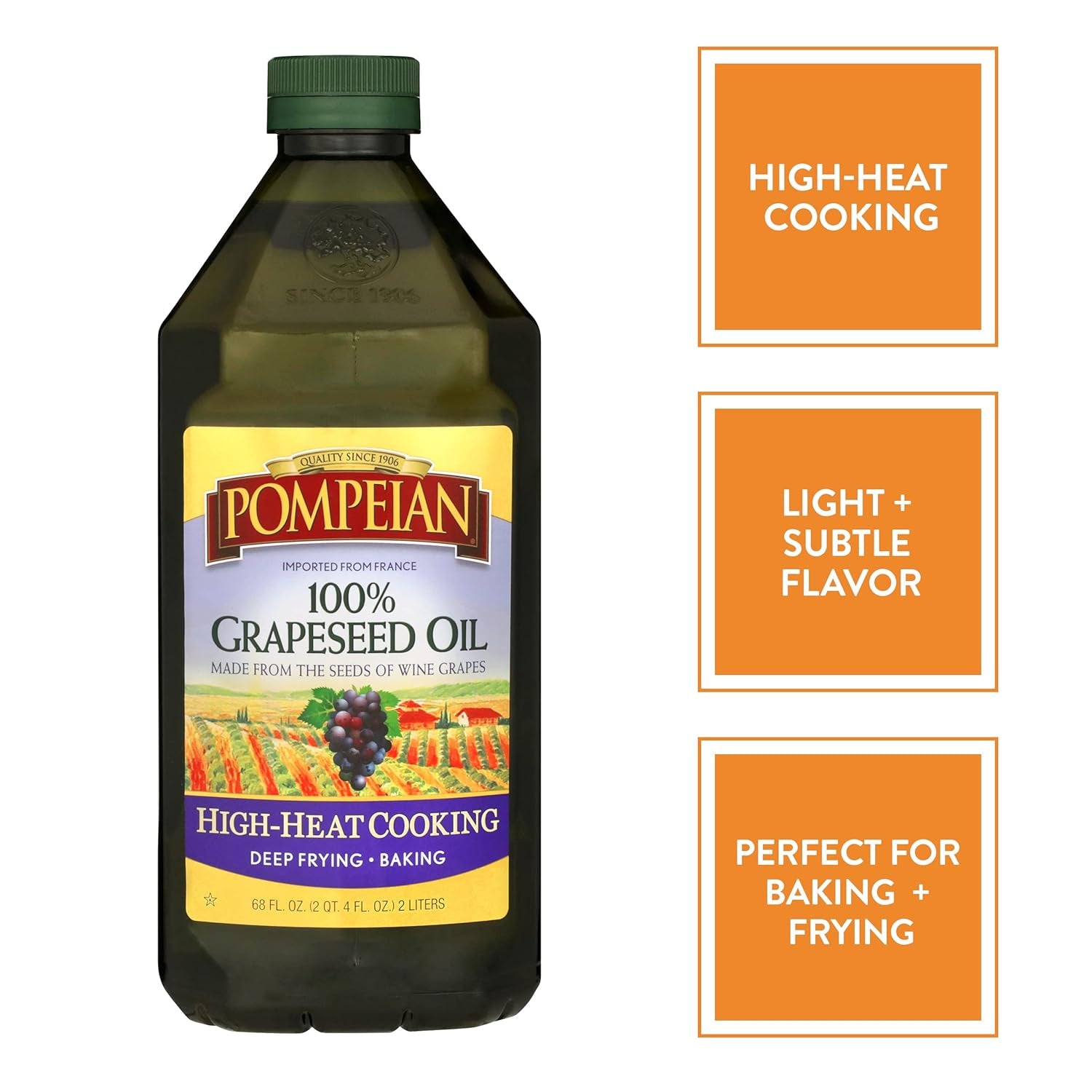 Pompeian 100% Grapeseed Oil. Light and Subtle Flavor. Perfect for High-Heat Cooking. Deep Frying and Baking. 68 FL. OZ. - Image 2