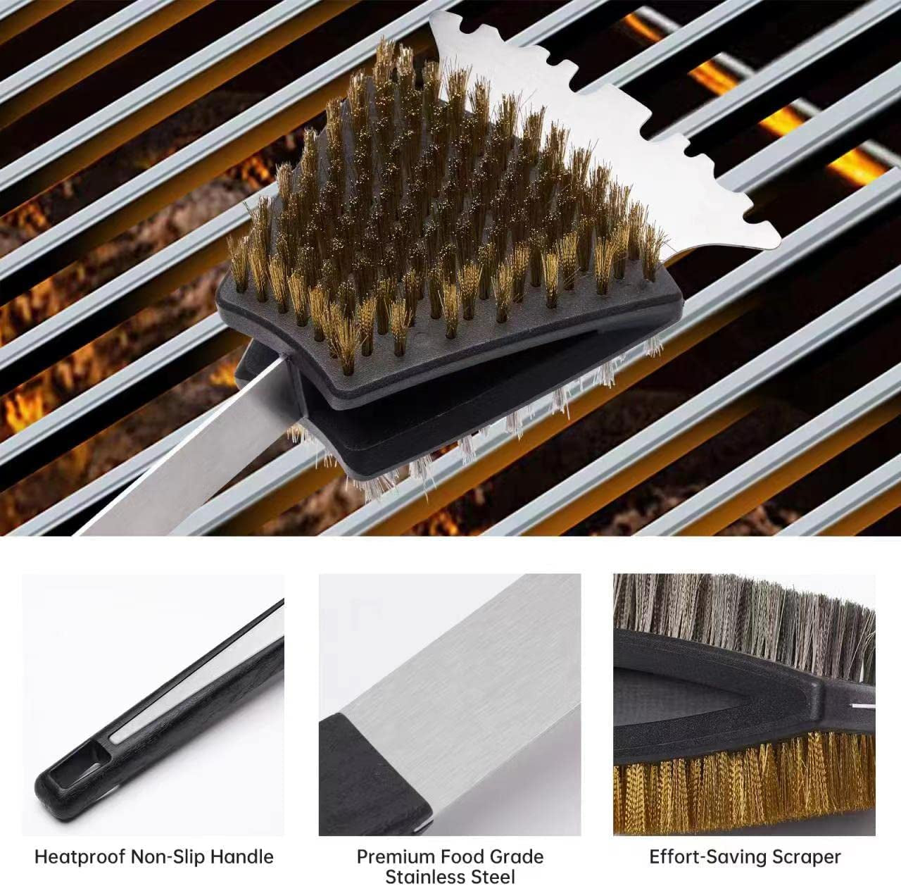 Double Sided Grill Cleaning Brush and Scraper. 16.5 BBQ Brush. Barbecue Cleaner with Stainless & Brass Bristles. Grilling Grate Cleaner. Safe Grill Accessories for Cast Iron/Stainless Steel Grate - Image 4