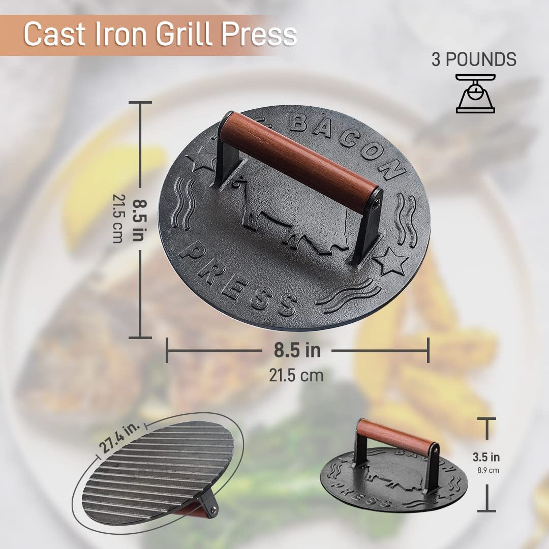 Bellemain Bacon Press 8.5-Inch round | Heavy-Duty Cast Iron Grill Press for Perfectly Seared Bacon. Steak & Sandwiches | Equalized Weight Distribution | Food-Grade Press with Wood Handle | 3 Lbs - Image 6