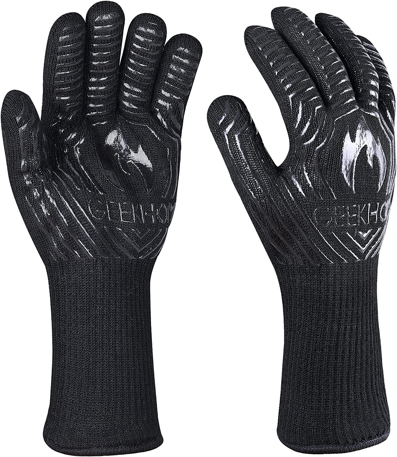 BBQ Gloves.1472℉ Heat Resistant Grill Gloves. EN407 Certified 13 Inch Grilling Gloves for Smoker. Baking. Cooking. Fire Pit (Black-Flames Texture)