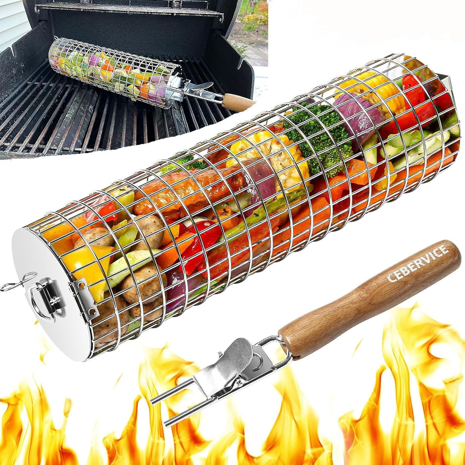 CEBERVICE Rolling Grilling Baskets. SUS304 Stainless Steel. REMOVABLE WOODEN HANDLE. Portable BBQ Outdoor Camping round Cylinder Grilling Rack for Fish. Vegetables. Shrimp. Barbeque Griller Cooking Accessories Gifts for Men. Dad. Father. Husband