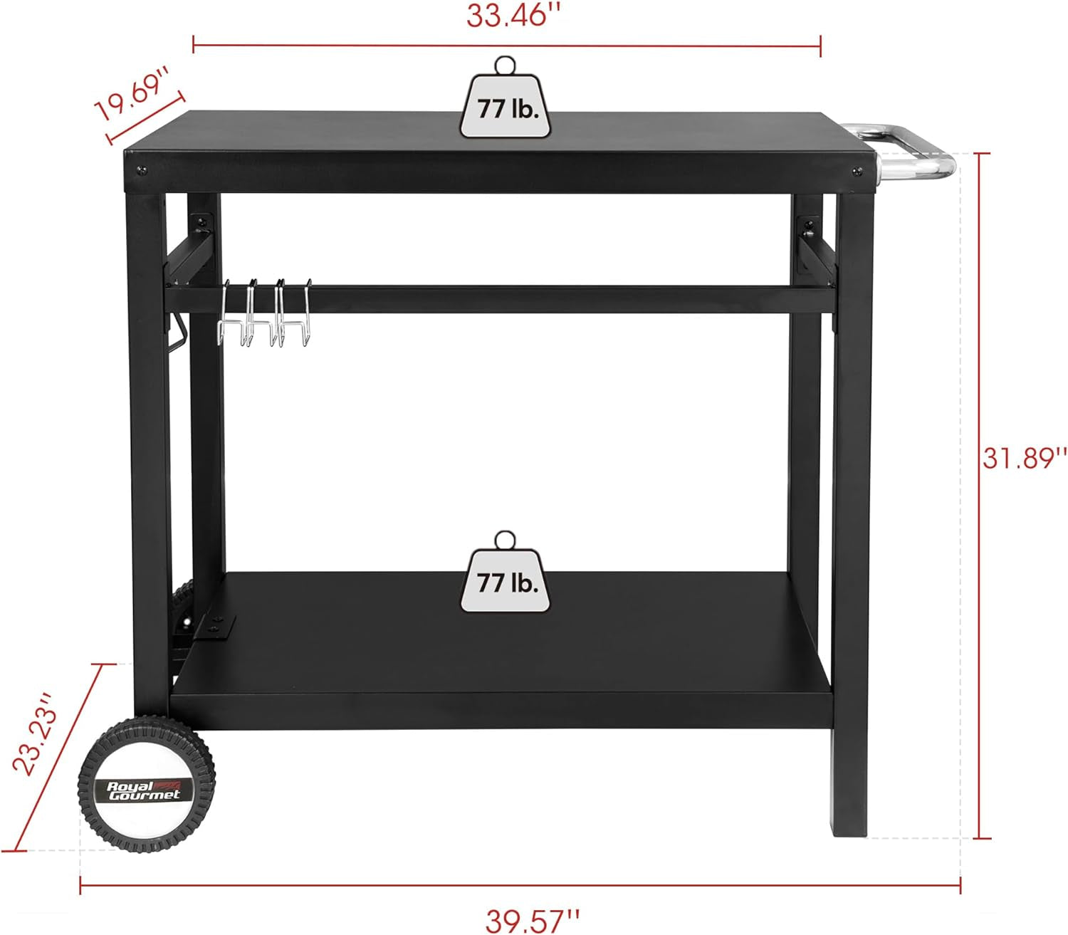 Dining Cart Table with Double-Shelf. Movable Steel Flattop Worktable. Hooks. Side Handle. Multifunctional and Commercial PC3401B (Black) - Image 3