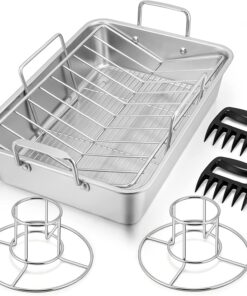 15¼ Roasting Pan with Rack. 7 PCS P&P CHEF Stainless Steel Roaster Lasagna Pan with Cooling Flat & V-Shaped Baking Rack. Grilling Chicken Holder. Meat Shredding Claws. Dishwasher & Oven Safe