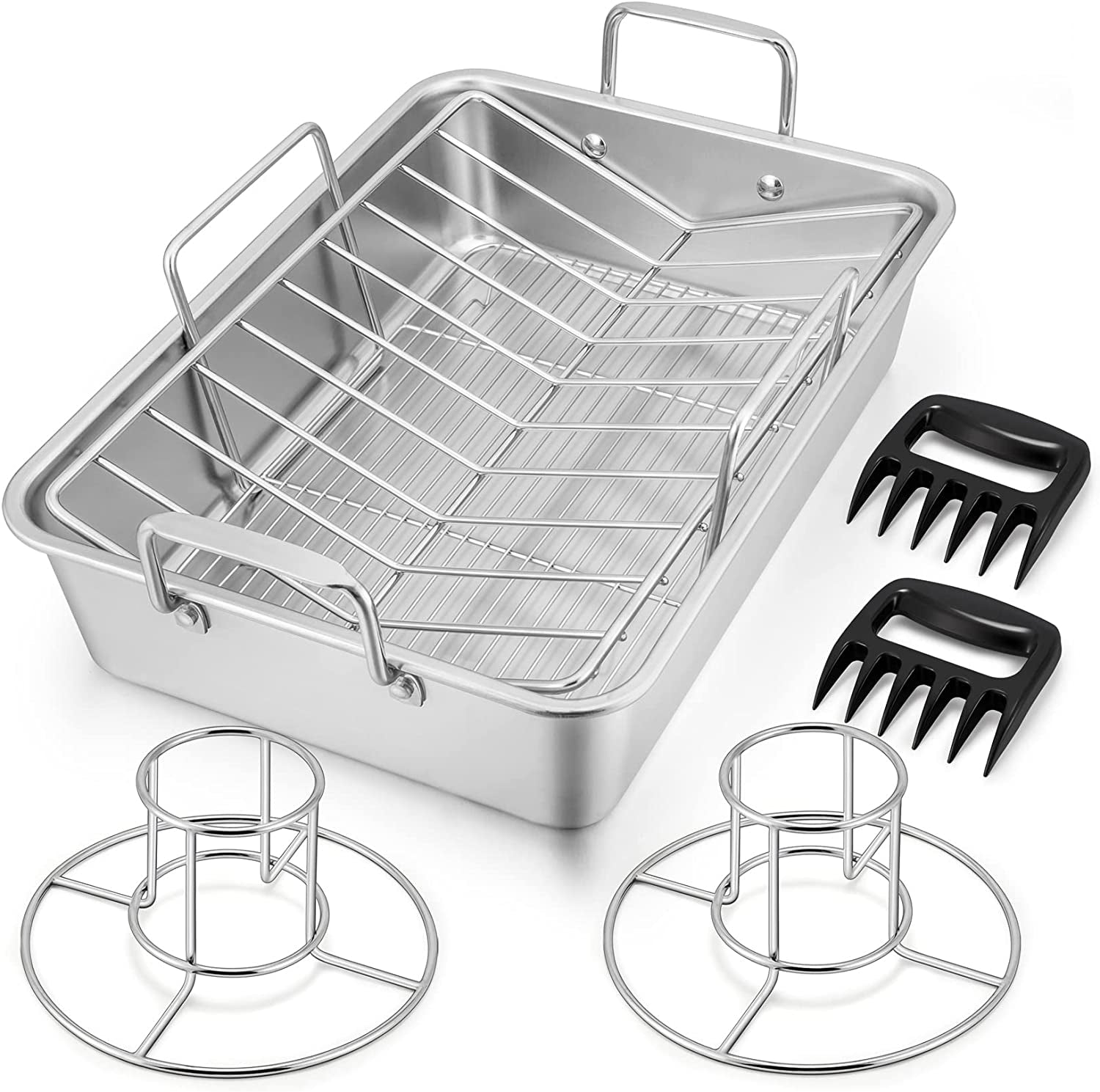 15¼ Roasting Pan with Rack. 7 PCS P&P CHEF Stainless Steel Roaster Lasagna Pan with Cooling Flat & V-Shaped Baking Rack. Grilling Chicken Holder. Meat Shredding Claws. Dishwasher & Oven Safe - Image 8