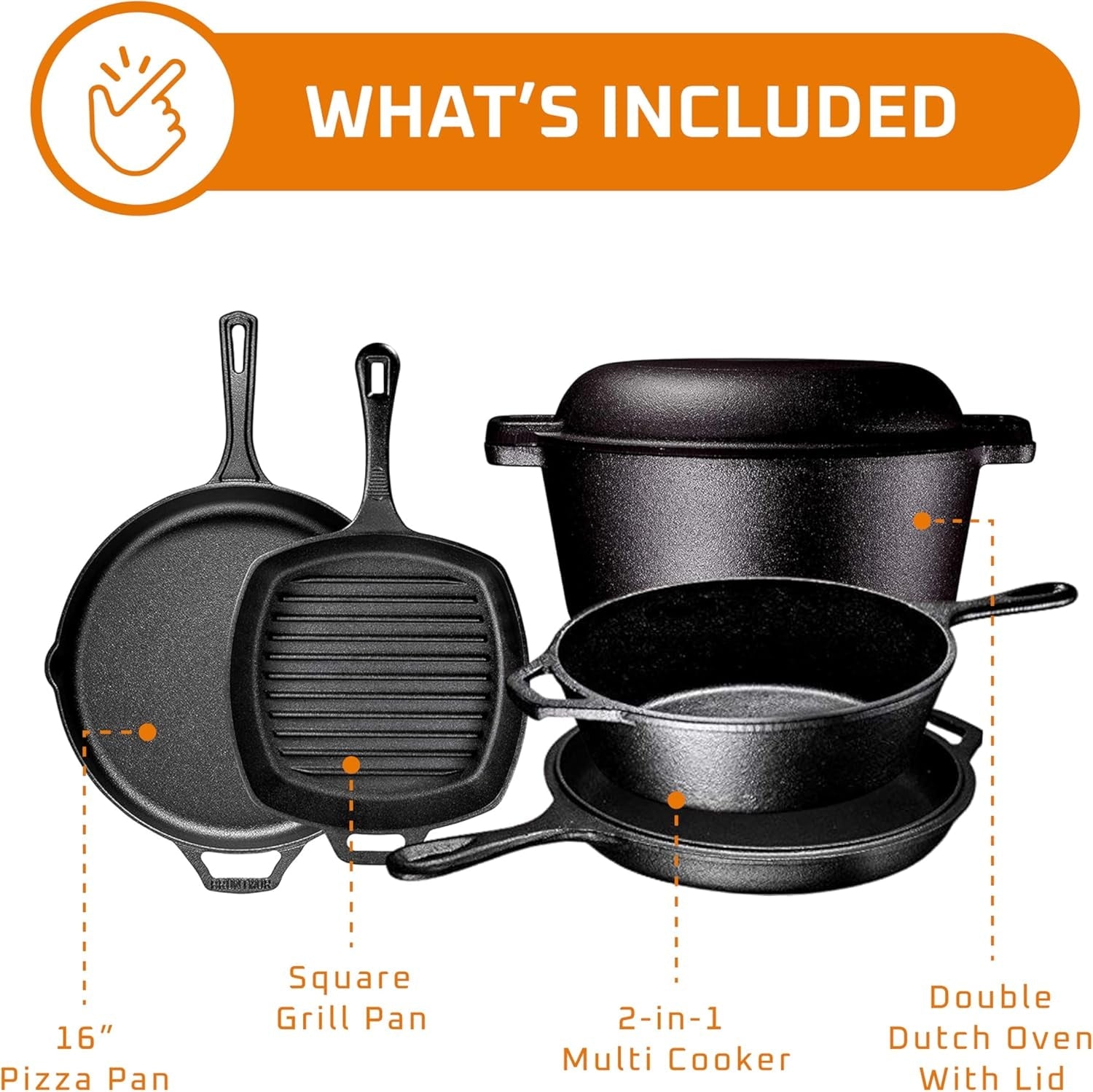 Pre Seasoned 6 Pcs Pots and Pans Set - Bruntmor Double Dutch Oven Crockpot - Cooking Set - Cast Iron Skillets and Square Grill Pan with Lid - Outdoor Camping Cookware - Kitchen Accessories - Image 3