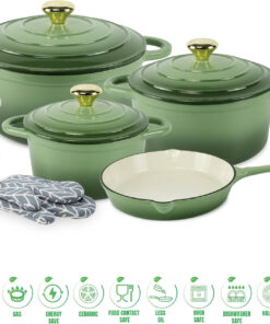 Healthy and Safe. Non-Stick Enameled 7-PCS SET of Cast Iron Dutch Oven Cookwares. Set Includes: 24Cm Dutch Oven Fry Pan. 18Cm. 21Cm. 24Cm Dutch Oven Cookwares with Lids. Gloves and Mills.