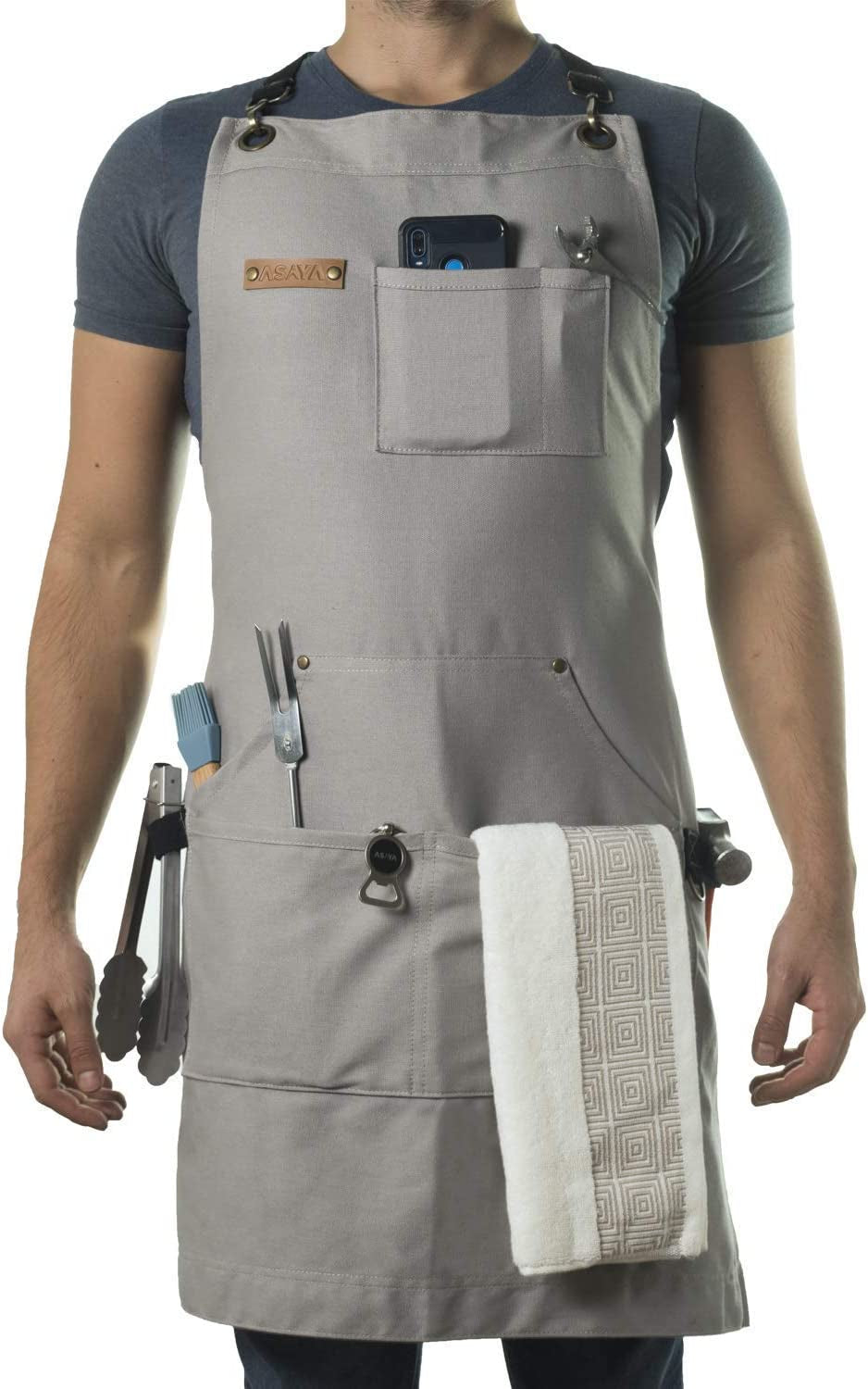 Chef. BBQ and Work Apron with Bottle Opener and Hand Towel -Durable 10Oz Cotton Canvas.Brass Hardware. and Cross Back Straps-Perfect for Men and Women.Grilling. Cooking or in the Workshop(Grey)