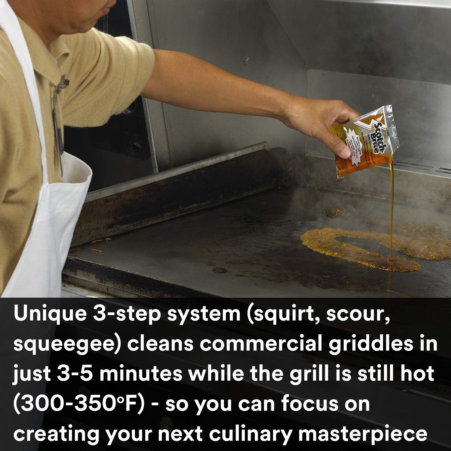 Scotch-Brite Griddle Cleaning. Quick Clean Liquid 700-40. 3.2 Oz Packet. 40/Pack. Heavy Duty. Cleans in 3-5 Minutes. for Baked on Food and Cooking Oils. Use on Hot or Cool Griddle - Image 2