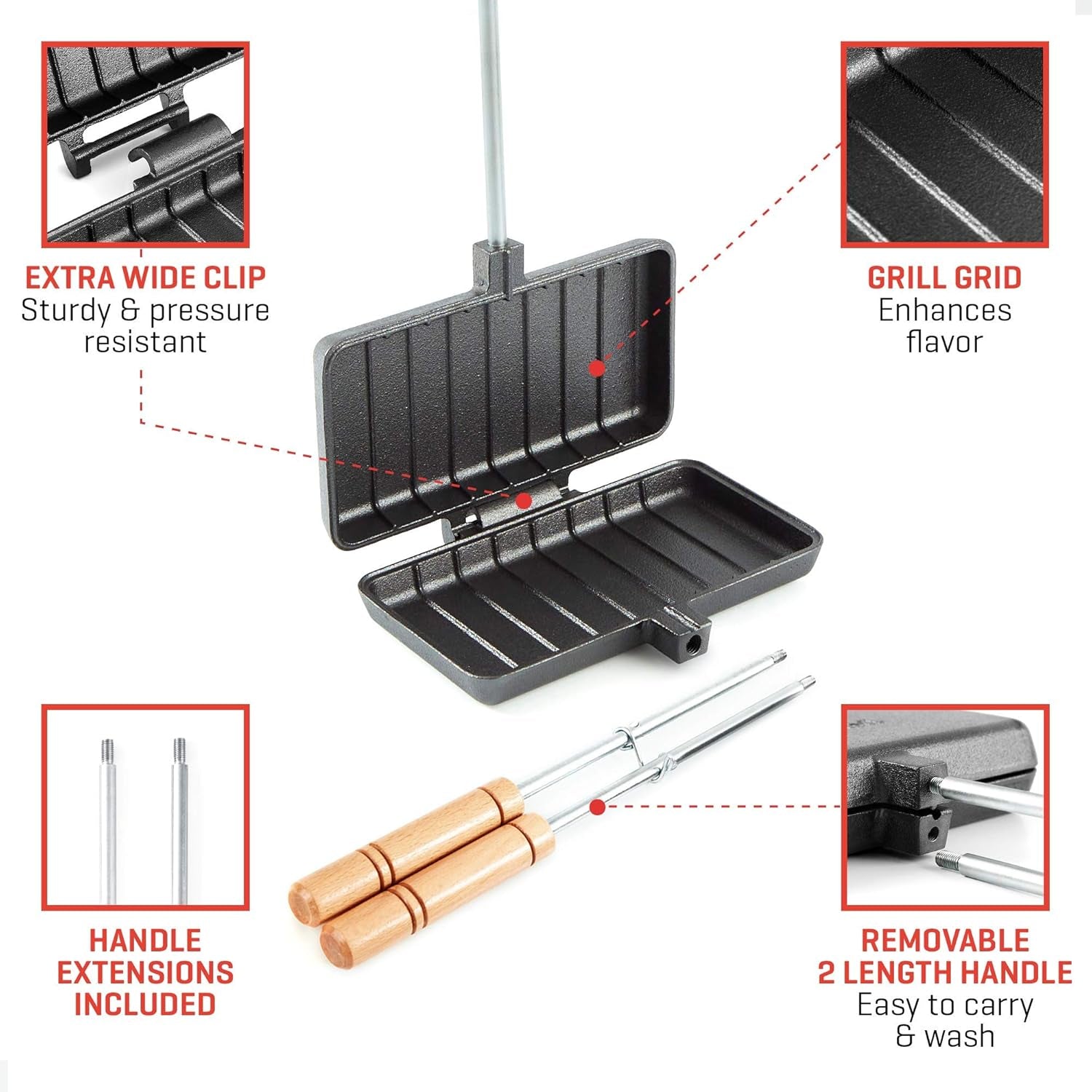 Uno Casa - XL Pie Irons Cast Iron Sandwich Maker - Mountain Japanese Sandwich Maker with Recipe Book - Durable Campfire Cooking Equipment for Toasted Pies. and More - Image 2