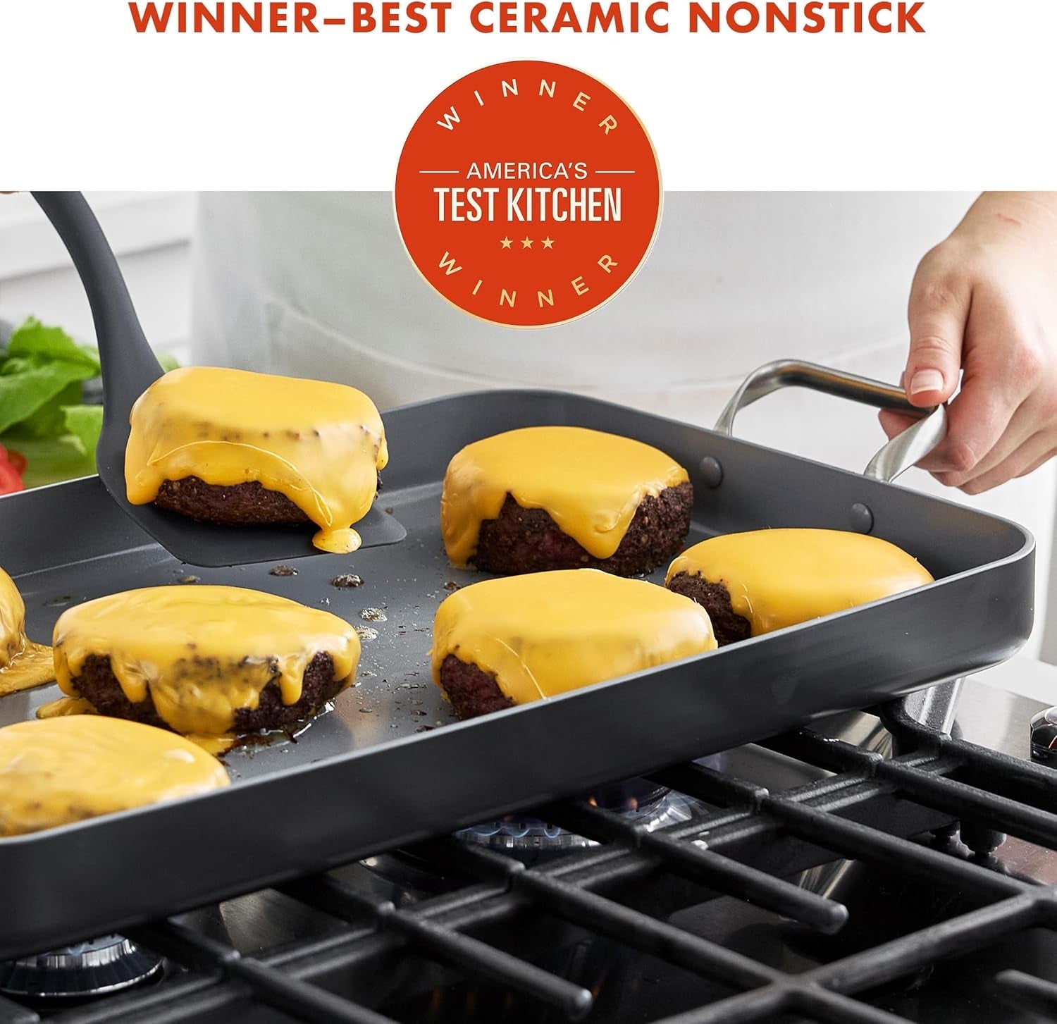 Greenpan Valencia Pro 18 X 11 Double Burner Griddle Pan. Induction Suitable. Ceramic Nonstick Pfas-Free. Rectangular Stovetop Cookware. Stainless Steel Handles. Dishwasher. Oven & Broiler Safe. Gray - Image 2