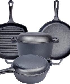 Pre Seasoned 6 Pcs Pots and Pans Set - Bruntmor Double Dutch Oven Crockpot - Cooking Set - Cast Iron Skillets and Square Grill Pan with Lid - Outdoor Camping Cookware - Kitchen Accessories