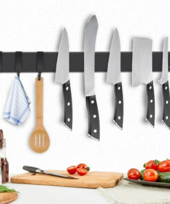 Magnetic Knife Holder for Wall—With 3 Hooks. No Drilling 16 Inch Black Knife Magnetic Strip. Powerful Knife Magnet Rack. Include Adhesive Tape and Screws for Knives. Utensils. and Tools
