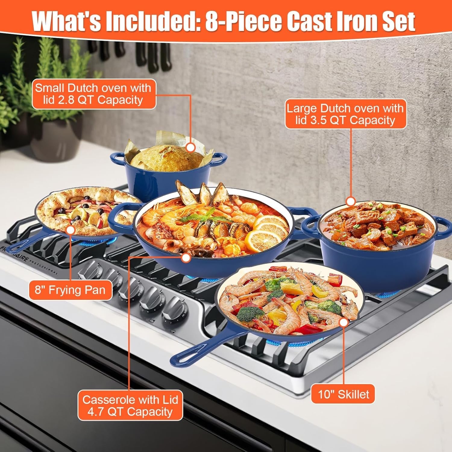 Nonstick Enameled Cast Iron Cookware Set. 8-Pcs Pots and Pans with Lid. Frying Pan Skillet. Sauce Pan. Healthy round Dutch Oven Pot for Sourdough Bread Baking on All Stovetop. Come with Organizer.Navy - Image 2