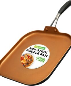 Nutrichef Copper Pan Non-Stick Coating Inside. Hard-Anodized Look Heat Resistant Lacquer Outside. Silicone Handle NCSQPA. 1 Griddle