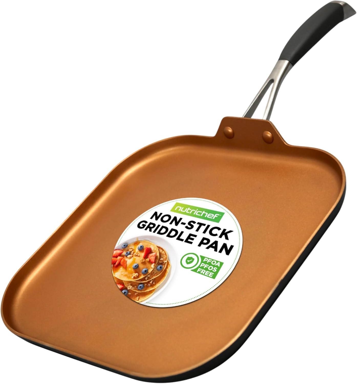 Nutrichef Copper Pan Non-Stick Coating Inside. Hard-Anodized Look Heat Resistant Lacquer Outside. Silicone Handle NCSQPA. 1 Griddle
