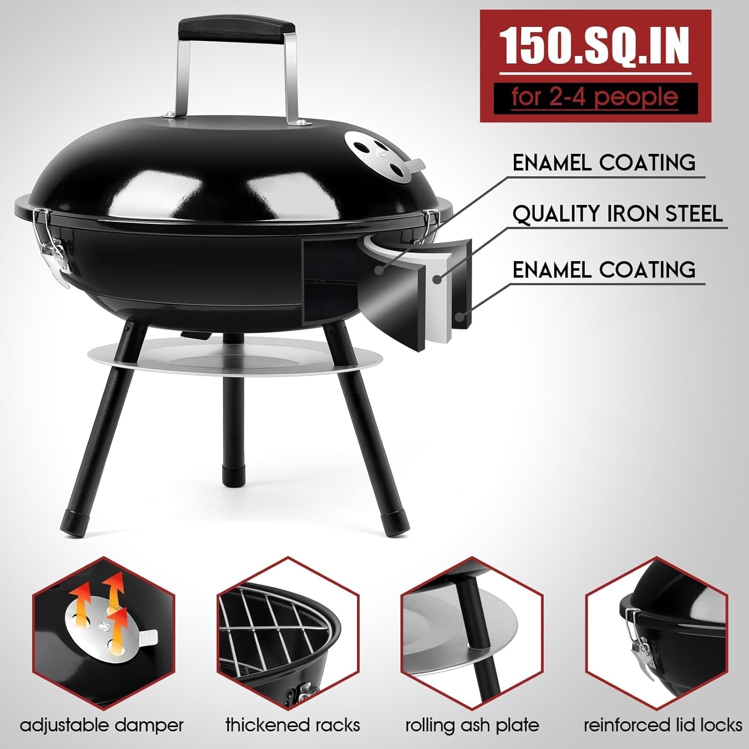 Hasteel 14 Inch Charcoal Grill. Small Black Enamel Outdoor BBQ Grill. Mini Flat Top Kettle Barbecue Grill with Screwdriver. Portable for Backyard Garden Camping Cooking Smoking. Dual Venting System - Image 3