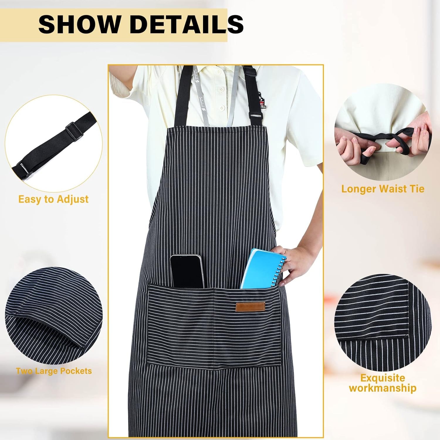 Cooking Apron with Pockets Waterproof Baking Apron Soft Chef Kitchen Aprons Cotton Polyester Blend Adjustable Bib Aprons for Women Men. Crafting BBQ. Black. Blue. Pink. Grey Stripes(4 Pcs) - Image 3