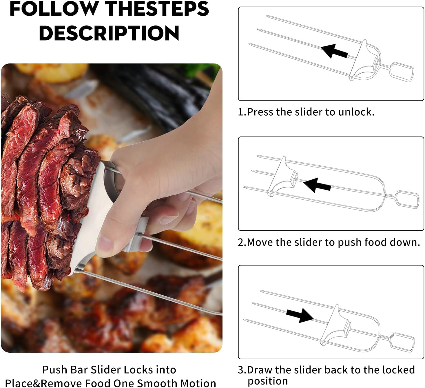 10PCS Kabob Skewers for Grilling.3.Double and Single Pronged Grilling Accessories.304 Stainless Steel Metal Skewers for Kabobs with Push Bar for Quick Release.With Storage Bag and Oil Brush - Image 3