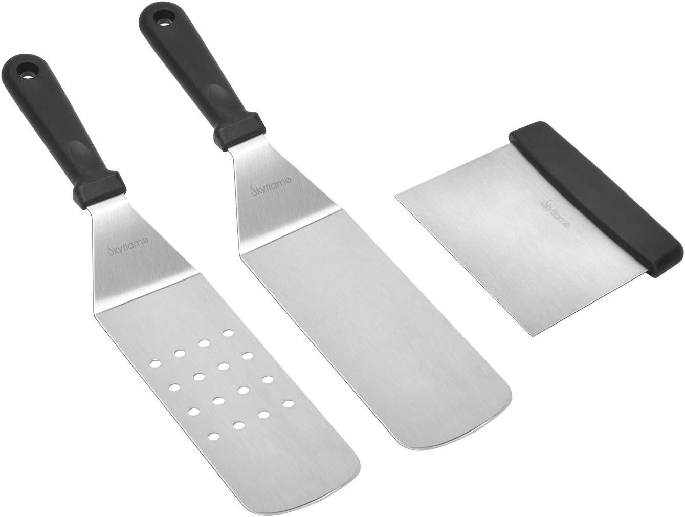 Skyflame 3 Piece Griddle Accessories Kit. Stainless Steel Professional Long BBQ Grill Spatula/Turner & Scraper Set for Flat Top Grill Hibachi Camping Cooking