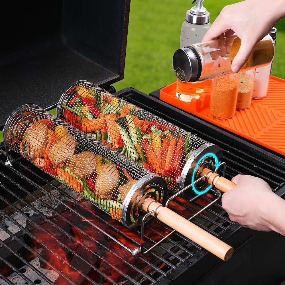 Rolling Barbecue Cage Large Stainless Steel Grilling Basket for Outdoor BBQ Mesh Net Tube Cooking Accessories for Vegetable Fish Camping Gift for Men Dad Husband Housewarming Perfect BBQ Tool - Image 6