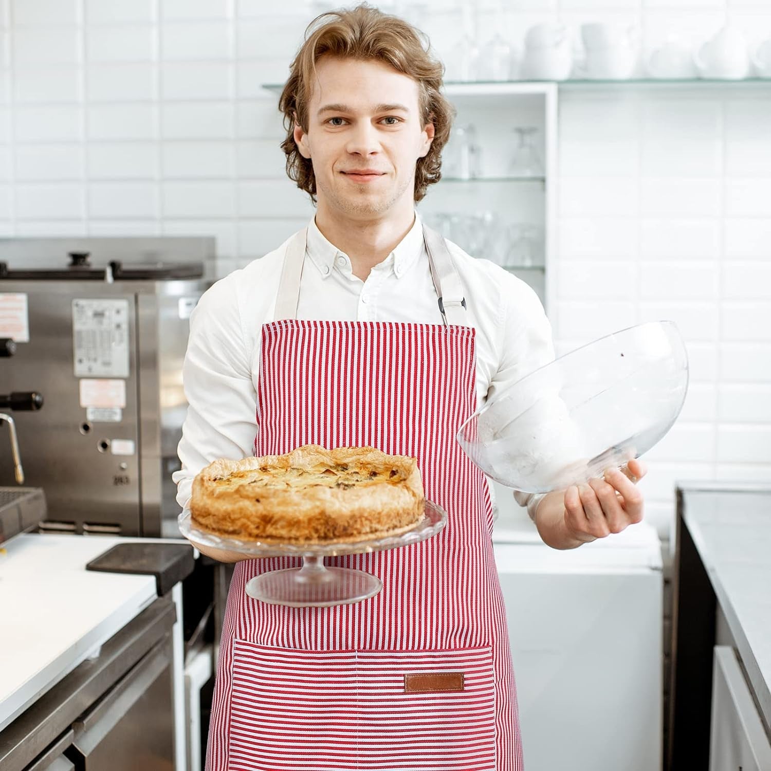 Cooking Apron with Pockets Waterproof Baking Apron Soft Chef Kitchen Aprons Cotton Polyester Blend Adjustable Bib Aprons for Women Men. Crafting BBQ. Black. Blue. Pink. Grey Stripes(4 Pcs) - Image 5