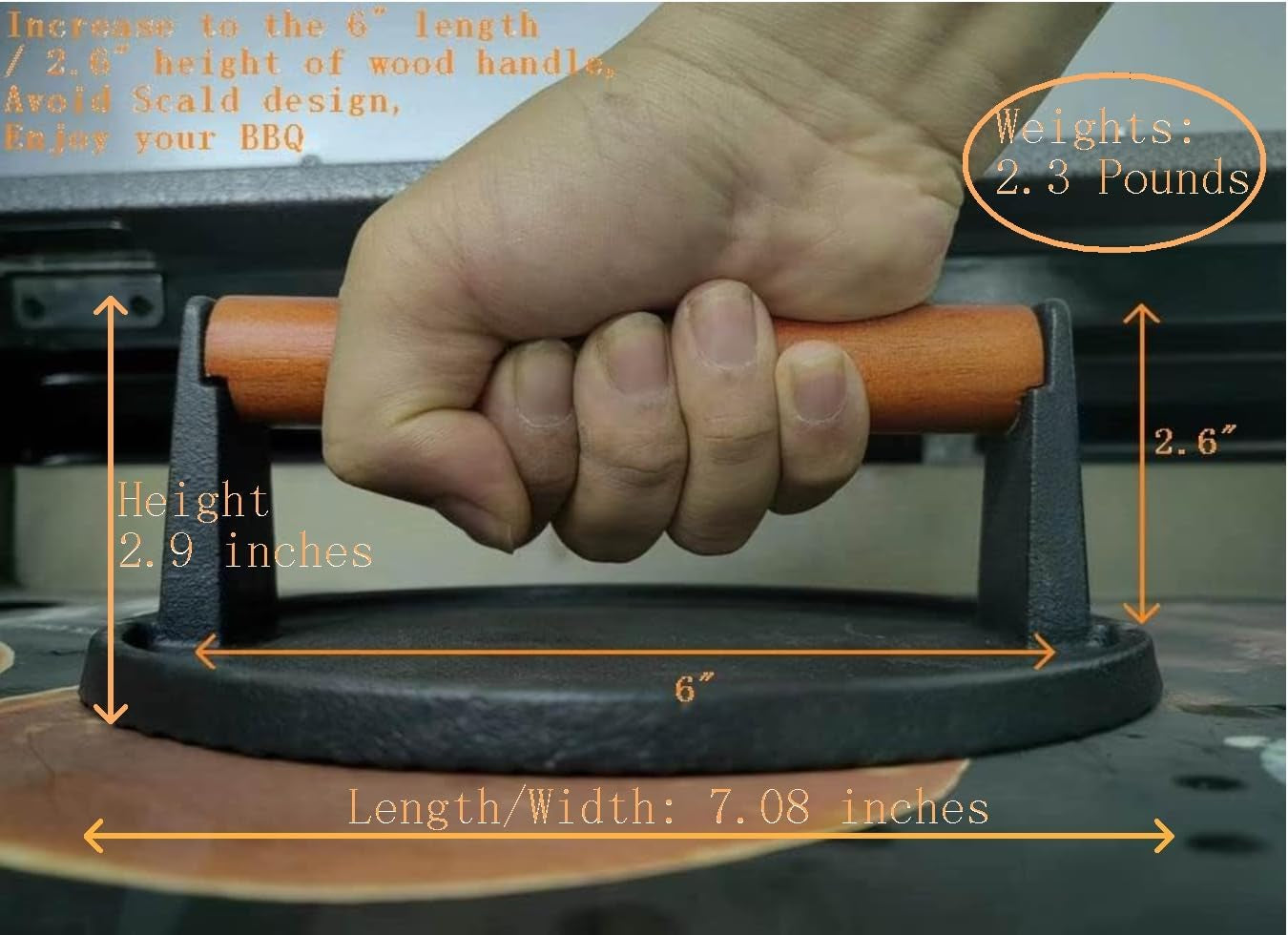 Burger Press 7.08 round & 8.3''X4.3Rectangle Heavy-Duty Cast Iron Smash Meat Steak with Wood Handle for Blackstone Camp Chef Pitboss Weber Treager Griddle Grills (Round & Rectangle) - Image 5