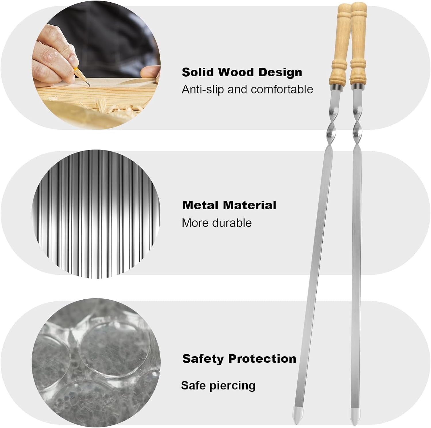 Kabob Skewers.23.6 Inch Flat Skewers for Grilling with Wooden Handle.Reusable Stainless Steel Metal BBQ Barbecue Skewer.Shish Kebab Stick Set for Meat Shrimp Chicken Vegetable-12Pcs. - Image 2