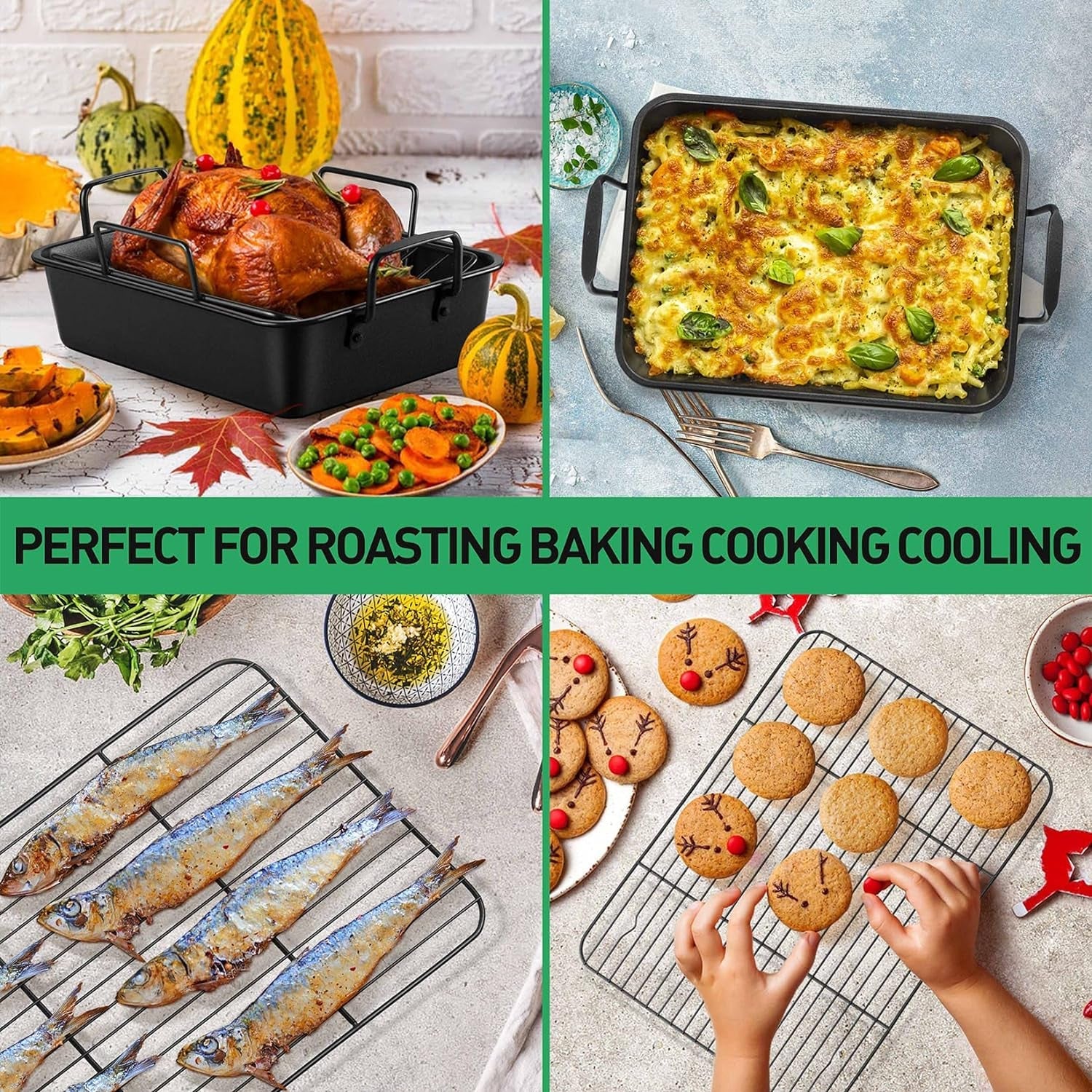 14 Inch Roasting Pan with Rack Set. P&P CHEF Turkey Roaster Pan & V-Shape Baking Rack & Cooling Rack for Chicken Vegetable Lasagna Cookie. Nonstick Coating & Stainless Steel Core. Sturdy & Healthy - Image 5