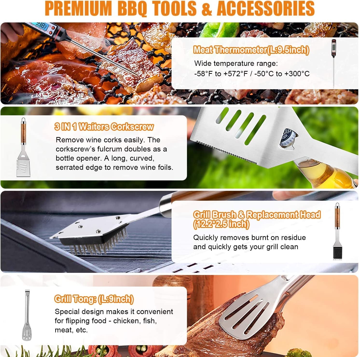 Cifaisi BBQ Grill Utensils Set for Camping/Backyard. 38Pcs Stainless Steel Grill Tools Grilling Accessories with Barbecue Mats. Aluminum Case. Thermometer for Men Women - Image 4