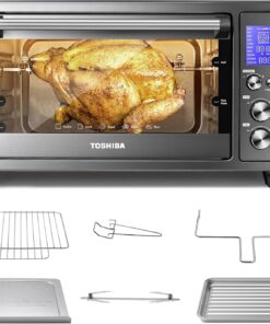 TOSHIBA AC25CEW-BS Large 6-Slice Convection Toaster Oven Countertop. 10-In-One with Toast. Pizza and Rotisserie. 1500W. Black Stainless Steel. Includes 6 Accessories
