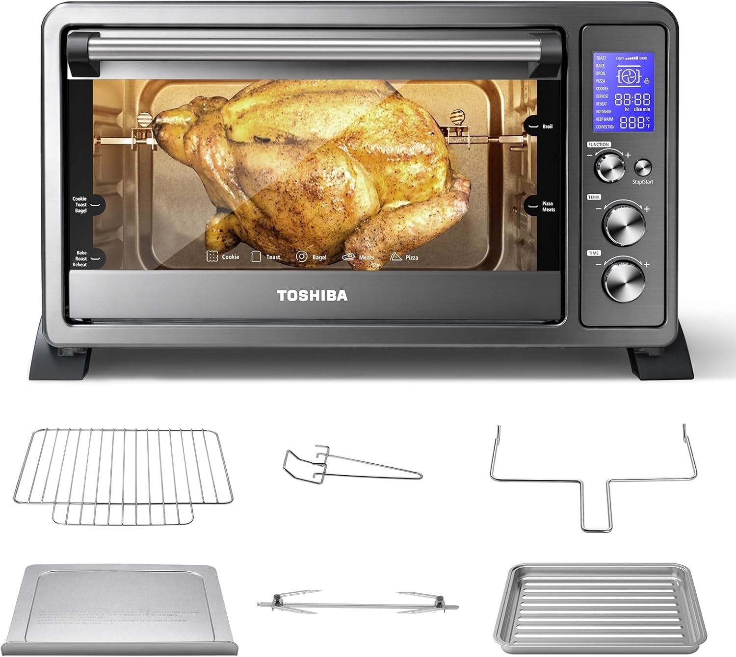 TOSHIBA AC25CEW-BS Large 6-Slice Convection Toaster Oven Countertop. 10-In-One with Toast. Pizza and Rotisserie. 1500W. Black Stainless Steel. Includes 6 Accessories - Image 8