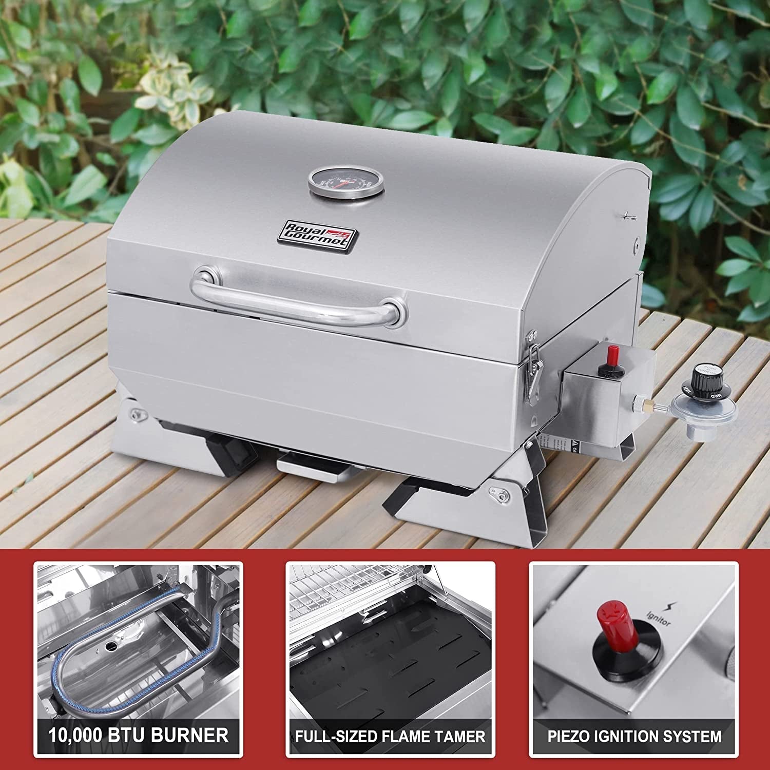 GT1001 Stainless Steel Portable Grill. 10000 BTU BBQ Tabletop Gas Grill with Folding Legs and Lockable Lid. Outdoor Camping. Deck and Tailgating. Silver - Image 8
