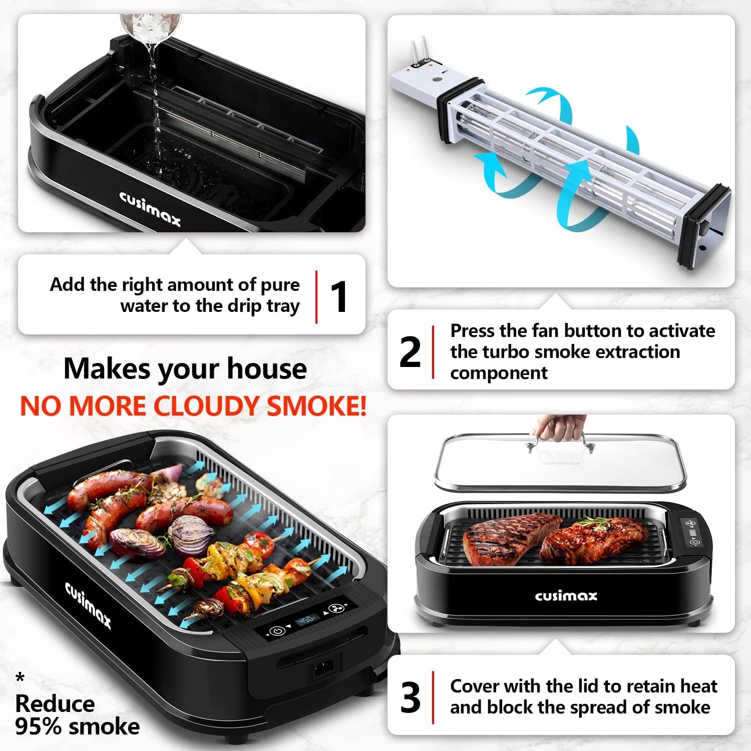 Indoor Grill. Smokeless Grill Indoor. 1500W Electric Grill Griddle Korean BBQ Grill with LED Smart Display & Tempered Glass Lid. Non-Stick Removable Grill Plate & Griddle Plate. Black - Image 4