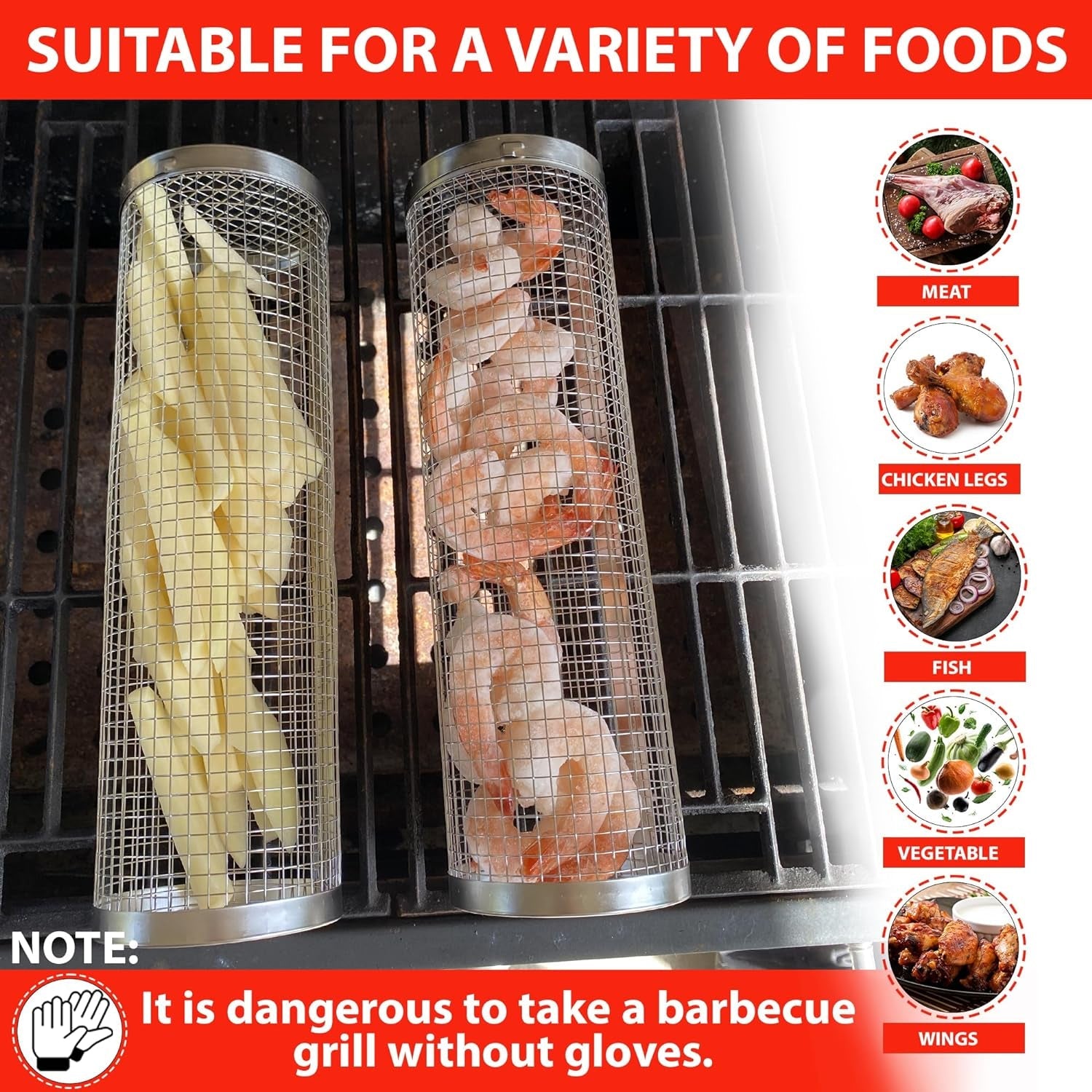 Sunmikosh Rolling Grilling Basket - Barbecue Portable Roll Grill Basket for Outdoor Camping - Stainless Steel BBQ Net Tube Grill Basket. Suitable for Fish. Kabob. Meat. Vegetables. French Fries - Image 4