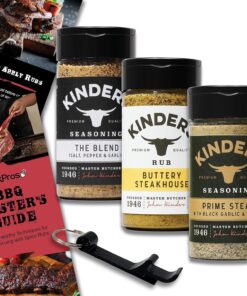 Kinders BBQ Rub Seasoning 3 PK Bundle (16.7 Oz) Prime Steak with Black Garlic & Truffle. Kinder'S Buttery Steakhouse. Kinder'S the Blend Seasoning with Salt. Pepper & Garlic + Guide & Opener 5 Items!