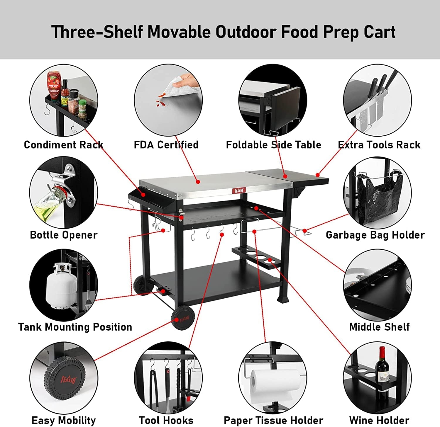 3-Shelf Movable Food Prep Table. Pizza Oven Table. BBQ Grilling Table.Grill Cart with Side Table. Home & Outdoor Stainless Steel Table Top Grill Tables on 2 Wheels. L50 Xw21.7 Xh33 - Image 5