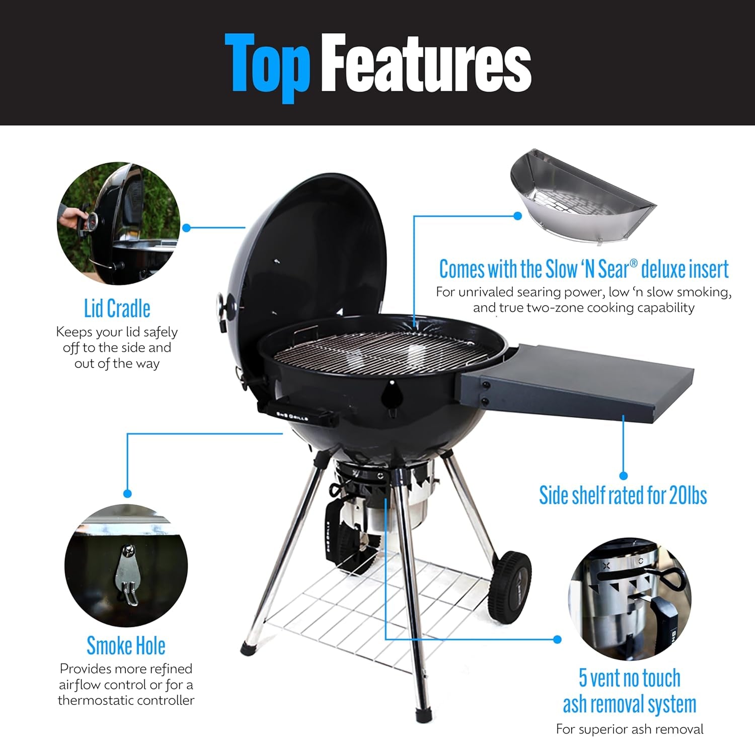 Sns Grills Original Kettle Charcoal Grill with Patented Slow 'N Sear Deluxe Insert and Easyspin Grate for Two-Zone Cooking. Low 'N Slow Smoking and Bbqing - Black 22-Inch - Image 3