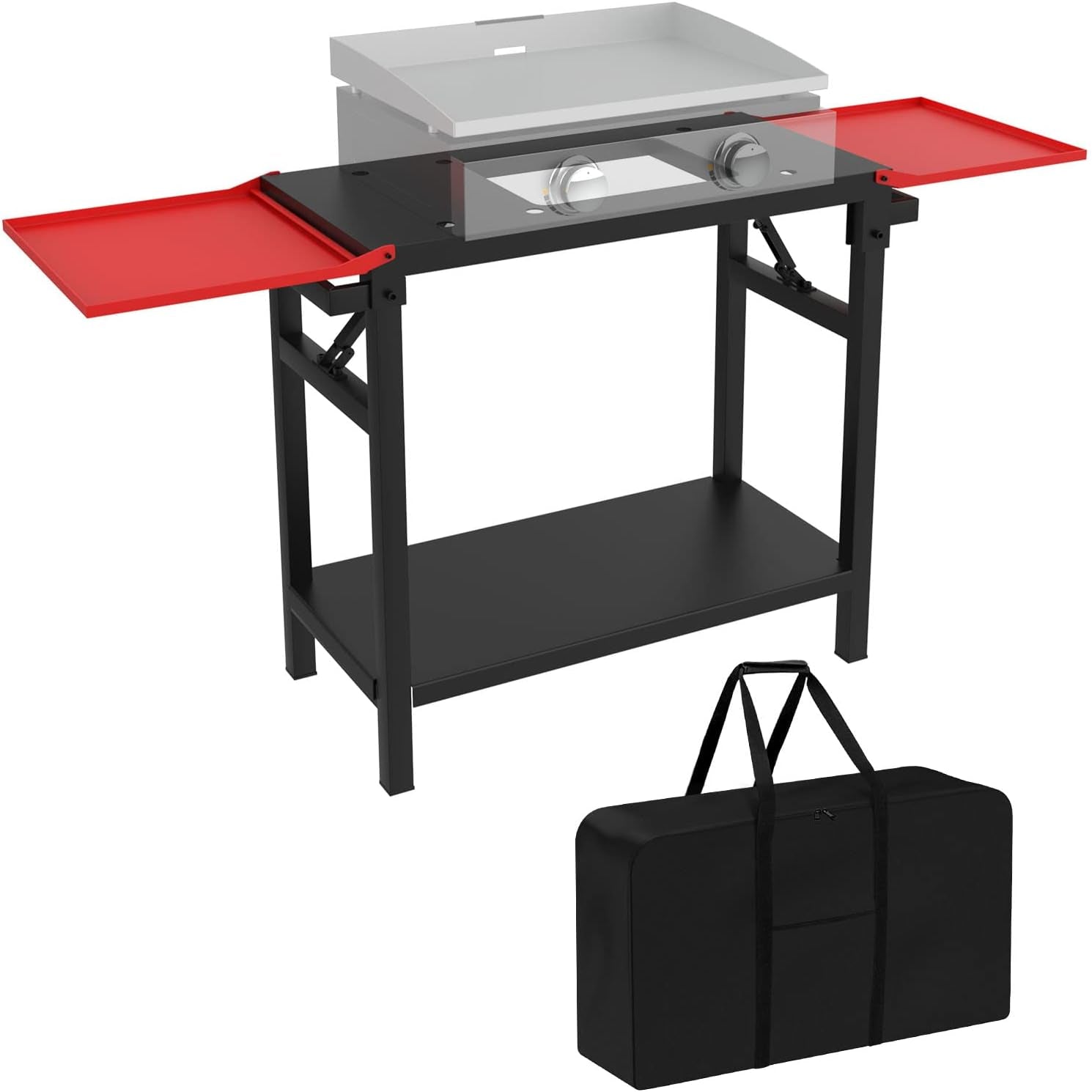 Adjustable Universal Griddle Stand for Blackstone 17/22 Table Top Griddle. Multifunctional BBQ Stand with Double -Shelf Outdoor Worktable and Carry Bag for Outdoor Camping Cooking.